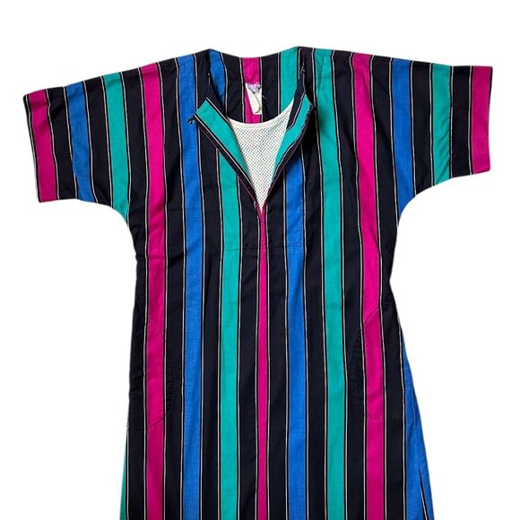 70s 80s vintage striped hippy dress caftan coverup cotton relaxed loose belt. - Picture 4 of 10
